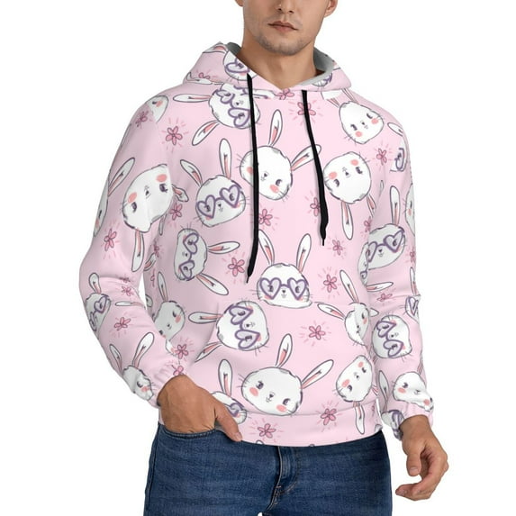 Bingfone Cute Rabbit Flower Men's Drawstring Hoodie Long Sleeve Pocket Sweatshirts-X-Large