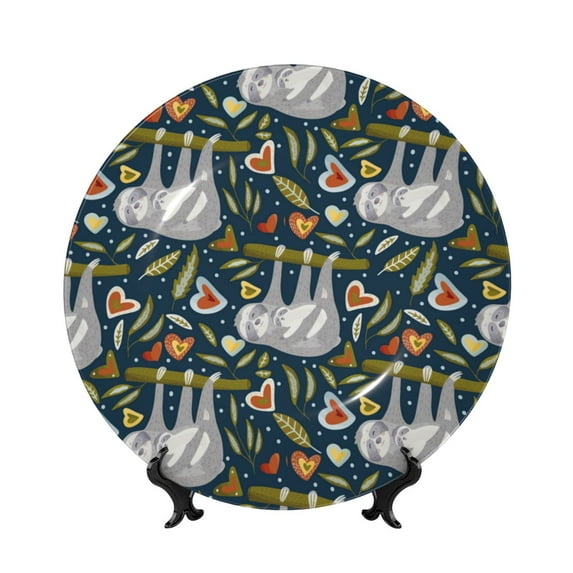 Bingfone Cute Sloth Print Bone China Dinner Decorative Plates,Handmade Ceramic Dinner Plate with Stand for Home Club-7in