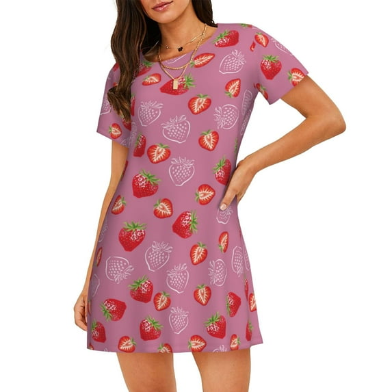 Bingfone Cute Strawberry Nightgowns for Women Sleep Shirts Short Sleeve Nightshirt Pullover Nightdress Soft Sleepwear