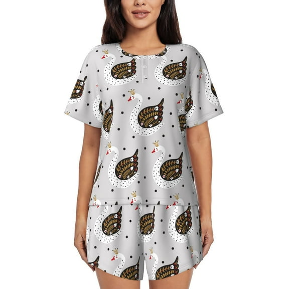 Bingfone Cute Swan Print Pajamas Sets for Women Soft Short-Sleeved Pjs with Lounge Shorts Two Piece Sleepwear