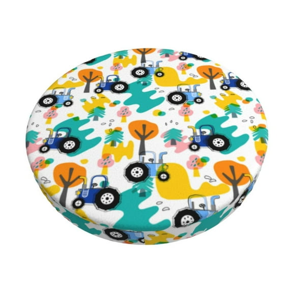 Bingfone Cute tractor and vehicle Padded Round Bar Stool Cover Cushion with Elastic Fabric Round Chair Seat-12 inch