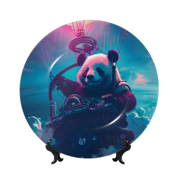 Bingfone DJ Panda Hot Air Balloon Print Bone China Dinner Decorative Plates,Handmade Ceramic Dinner Plate with Stand for Home Club-7in
