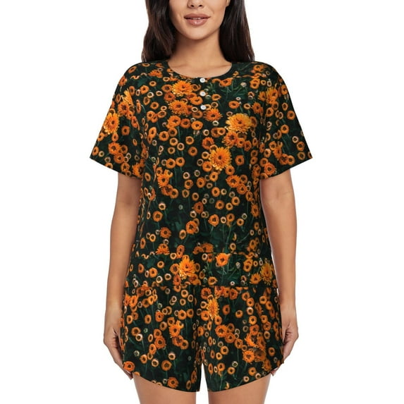 Bingfone Daisies Print Pajamas Sets for Women Soft Short-Sleeved Pjs with Lounge Shorts Two Piece Sleepwear