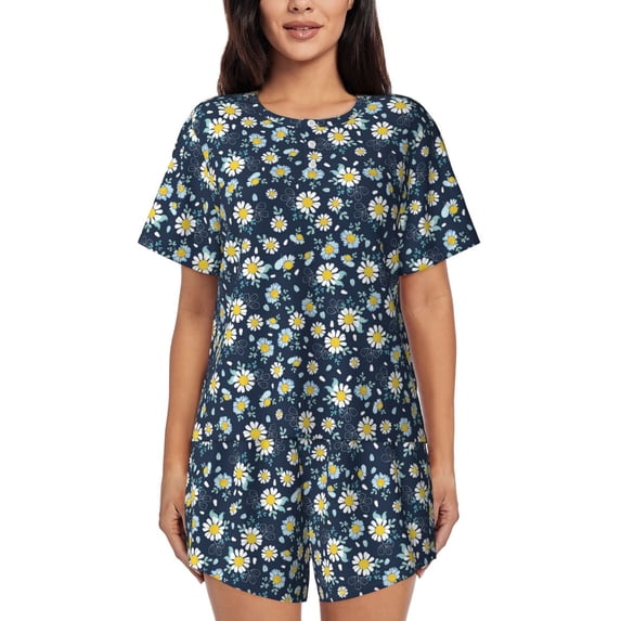 Bingfone Daisy Floral B Print Pajamas Sets for Women Soft Short-Sleeved Pjs with Lounge Shorts Two Piece Sleepwear