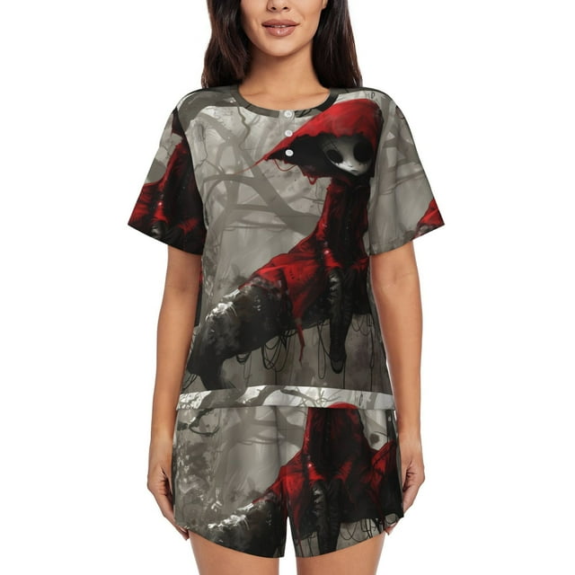 Bingfone Dark Red Hooded Girl Print Pajamas Sets for Women Soft Short