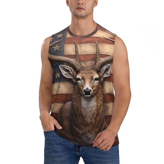Bingfone Deer American Flag Wall Pattern Men's Tank Tops Workout Sleeveless Tee Shirts Running Beach Tanks for Men-XX-Large