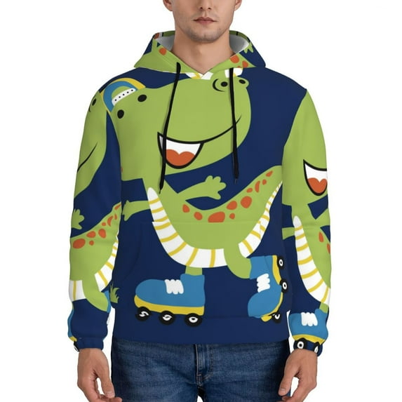 Bingfone Dino Playing Roller Skate Men'S Drawstring Hoodie Long Sleeve Pocket Sweatshirts-X-Large