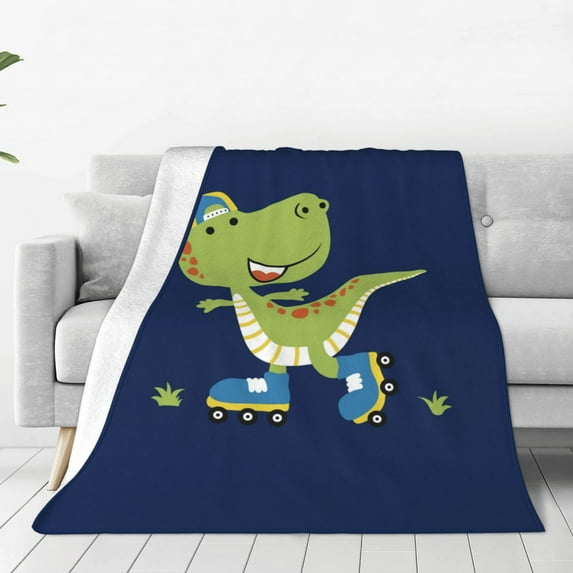 Bingfone Dino Playing Roller Skate Print Flannel Fleece Blanket Throw Blanket For Bed,Sofa,Couch,Travel,Camping(60"X50")