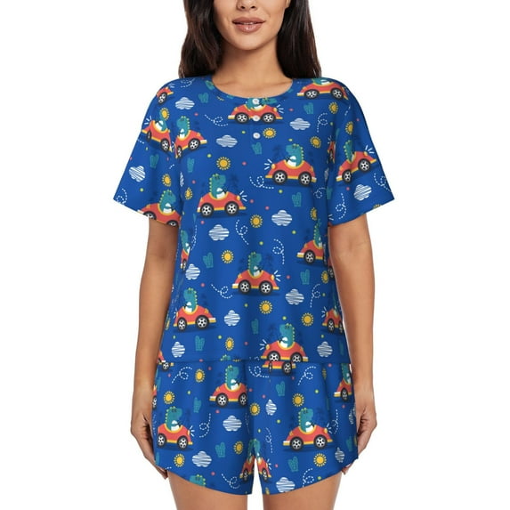 Bingfone Dinosaur Driving Print Pajamas Sets for Women Soft Short-Sleeved Pjs with Lounge Shorts Two Piece Sleepwear