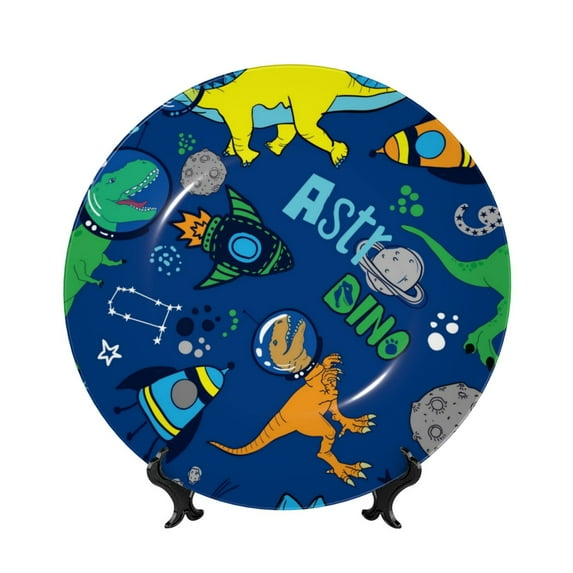 Bingfone Dinosaur In Space Print Bone China Dinner Decorative Plates,Handmade Ceramic Dinner Plate with Stand for Home Club-7in