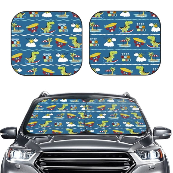 Bingfone Dinosaur On The Beach Vacation Print 2-Piece Sun Shade Front Windshield - Foldable Car Front Window Sunshades For Most Sedans Suv Truck - Large
