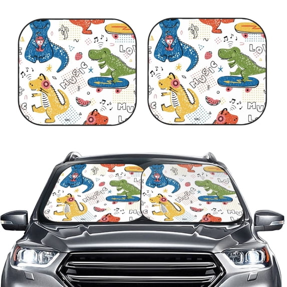 Bingfone Dinosaur Print 2-Piece Sun Shade Front Windshield - Foldable Car Front Window Sunshades For Most Sedans Suv Truck - Large
