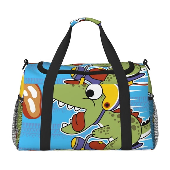 Bingfone Dinosaur Riding a Motorcycle Print Travel Duffel Tote Bag,Waterproof Shoulder Weekender Bag For Women and Men Swim Sports Travel Gym Bag,Foldable and expandable bag Lightweight