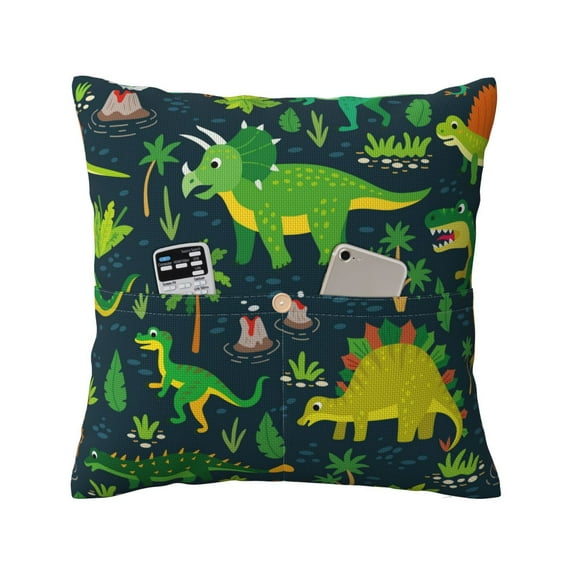 Bingfone Dinosaurs and Flowers Linen Throw Pillow Covers Cushion Case Pocket Button Vintage Farmhouse Pillowcase for Sofa Couch Bed 18"x18"