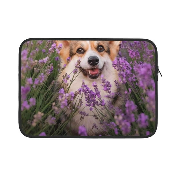Bingfone Dog In Lavender Flowers Laptop Sleeve Case 13 Inch, 360° Protective Computer Carrying Bag