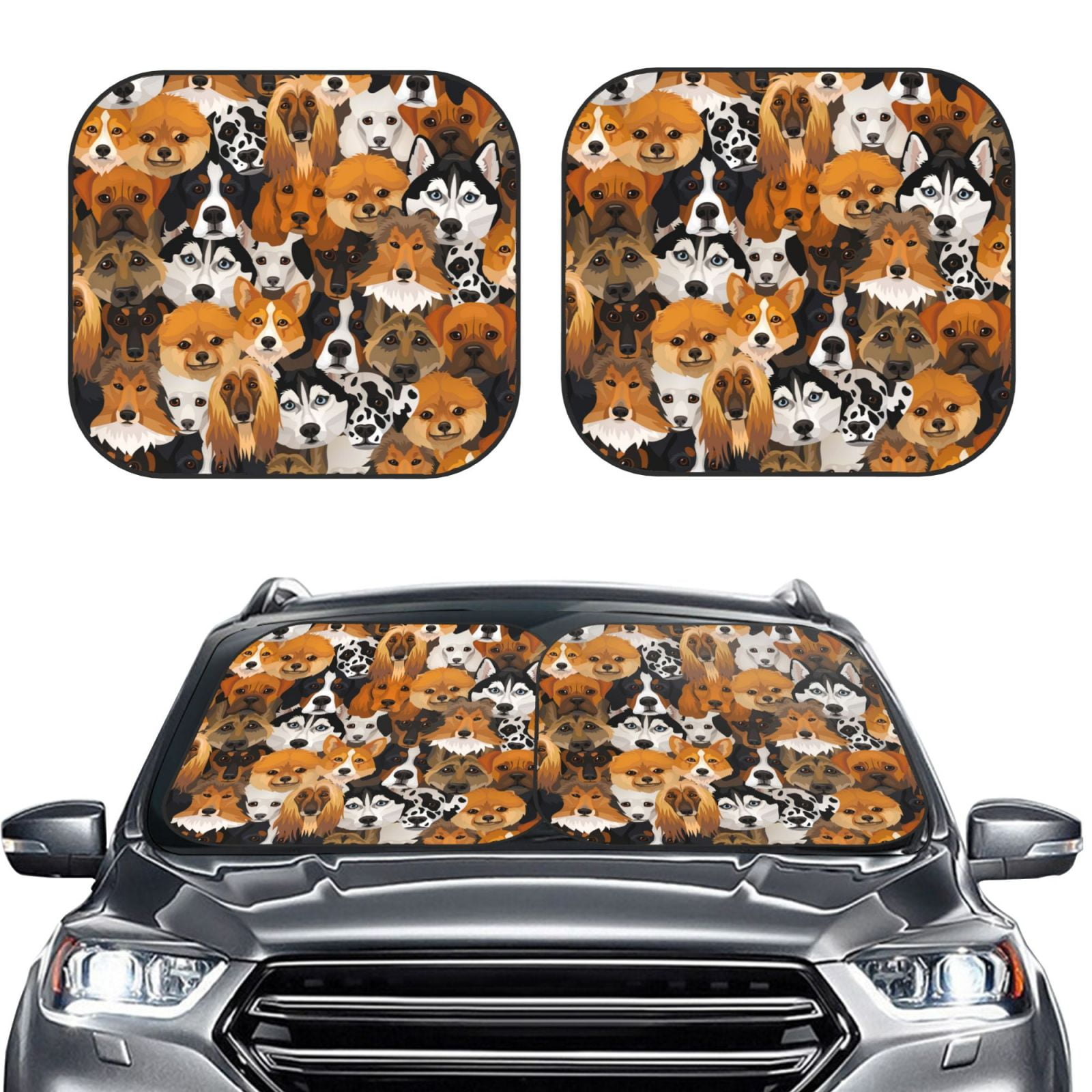 Bingfone Dogs Different Breeds Print 2Piece Sun Shade Front Windshield Foldable Car Front