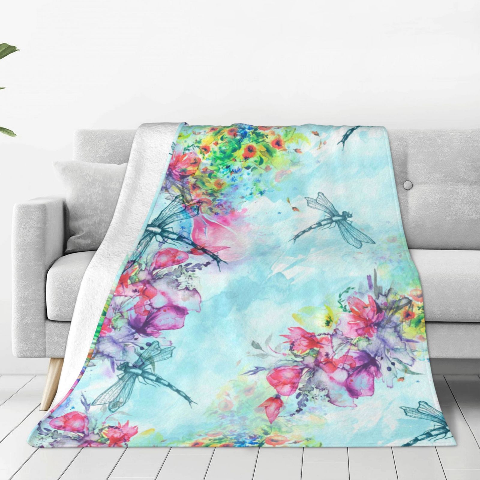 Bingfone Dragonfly Floral Print Flannel Fleece Blanket Throw Blanket For Bed,Sofa,Couch,Travel