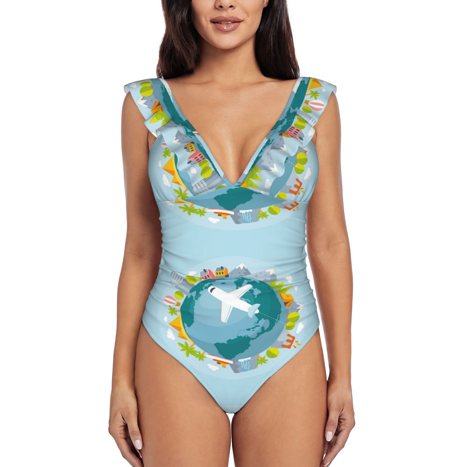 Bingfone Dreaming Travel Print Women Ruffle One Piece Swimsuit Flounce