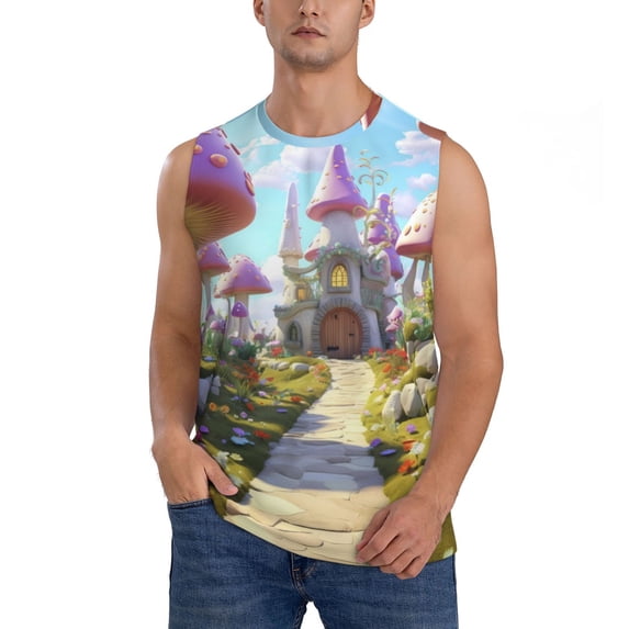 Bingfone Dreamy Mushroom House Pattern Men's Tank Tops Workout Sleeveless Tee Shirts Running Beach Tanks for Men-3X-Large