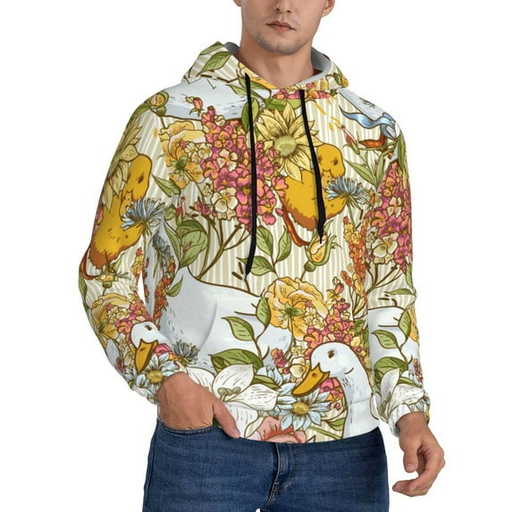 Bingfone Ducks And Flowers Men'S Drawstring Hoodie Long Sleeve Pocket Sweatshirts-Small