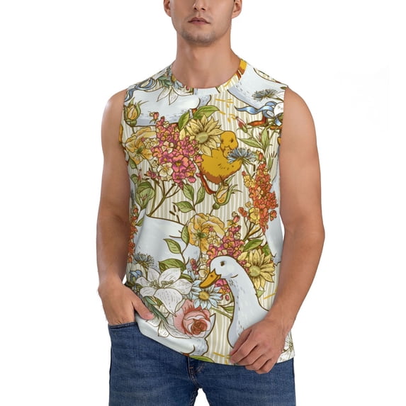 Bingfone Ducks and Flowers Pattern Men's Tank Tops Workout Sleeveless Tee Shirts Running Beach Tanks for Men-3X-Large