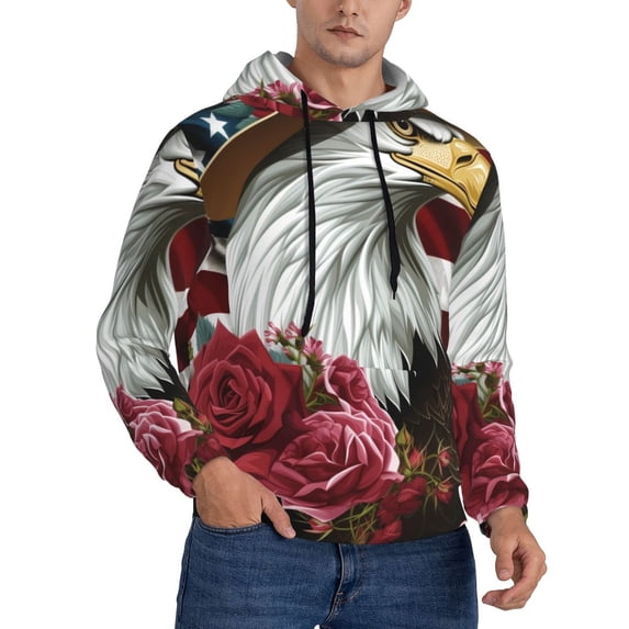Bingfone Eagle With Hat And Roses Men's Drawstring Hoodie Long Sleeve Pocket Sweatshirts-Small