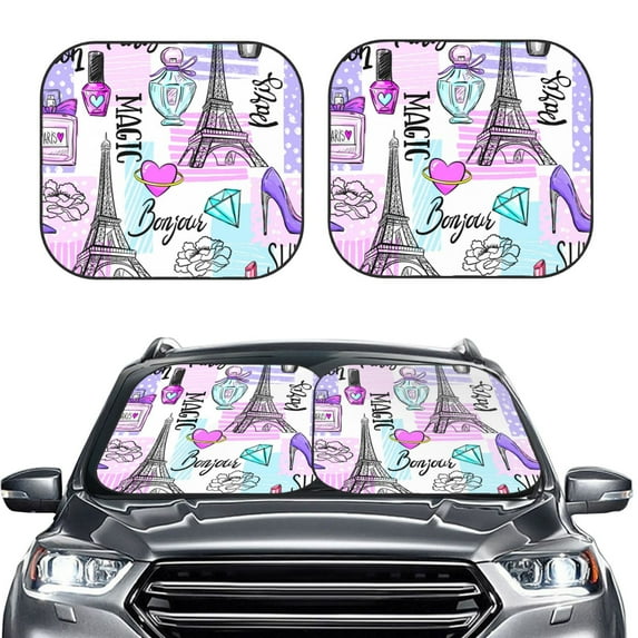 Bingfone Eiffel Tower And Hearts Windshield Sun Shade 2-Piece Foldable Car Front Window Sunshade For Most Sedans Suv Truck - Auto Sun Blocker Visor Protector Blocks Max Uv Rays - Medium