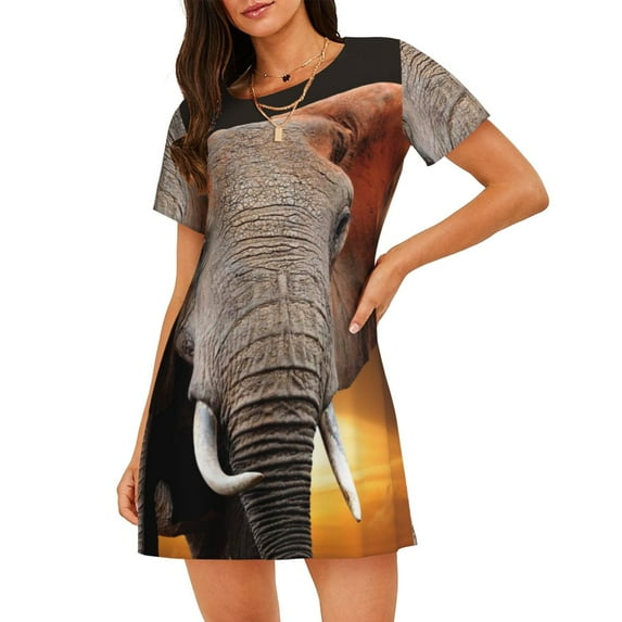 Bingfone Elephant Sunset in Kenya Nightgowns for Women Sleep Shirts Short Sleeve Nightshirt Pullover Nightdress Soft Sleepwear