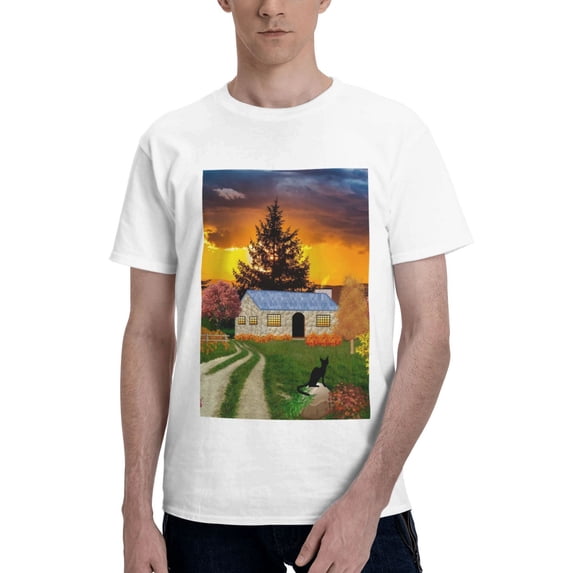 Bingfone Fall Village Scenery Men'S Loose Fit Short-Sleeve Pocket T-Shirt