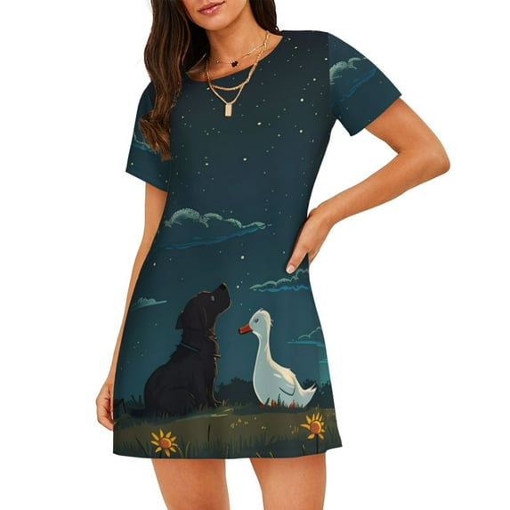 Bingfone Farm Dog Duck Moonlight Nightgowns for Women Sleep Shirts Short Sleeve Nightshirt Pullover Nightdress Soft Sleepwear