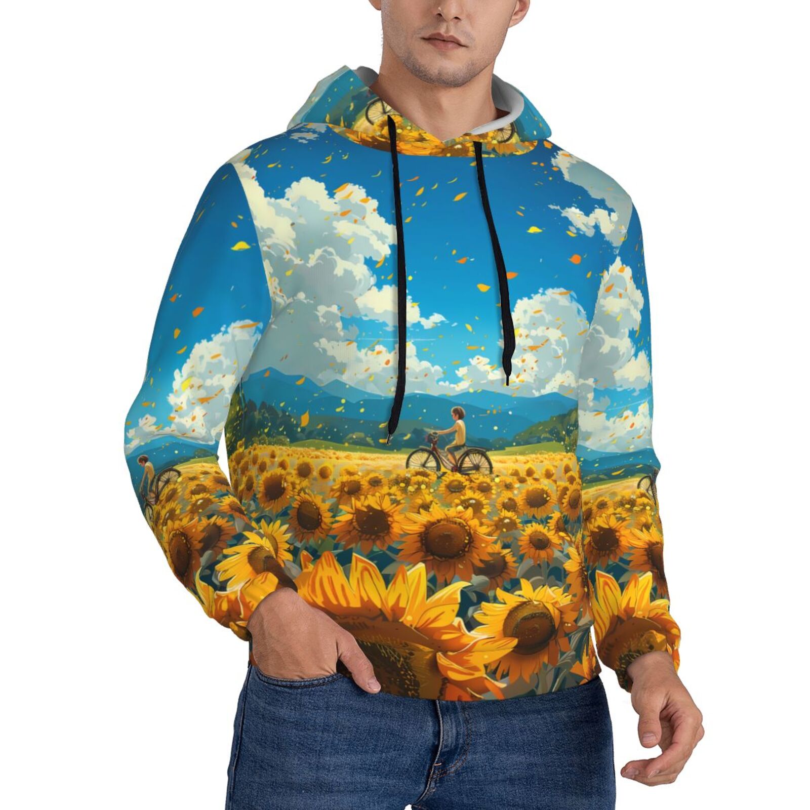 Bingfone Field Bicycle Young Sunflower Men #39 s Drawstring Hoodie Long Bingfone Field Bicycle Young Sunflower Men #39 s Drawstring Hoodie Long
