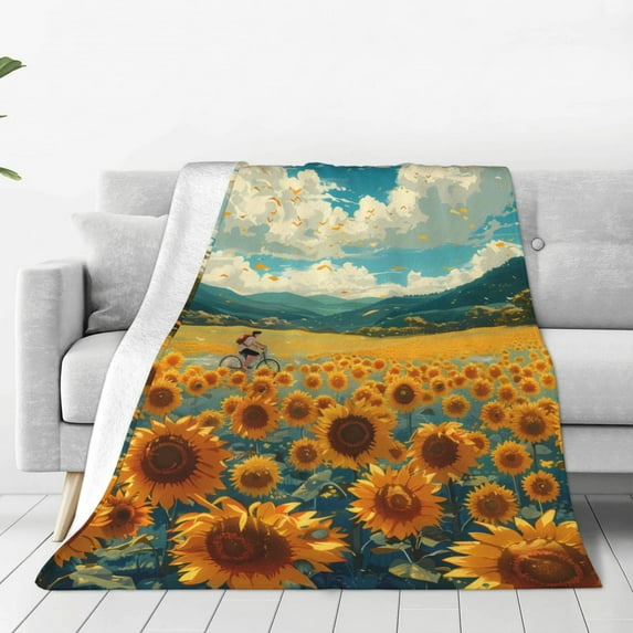 Bingfone Field Style Bicycle Young Sunflower Print Flannel Fleece Blanket Throw Blanket for Bed,Sofa,Couch,Travel,Camping(40"x30" )