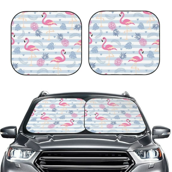Bingfone Flamingo And Pineapple Print 2-Piece Sun Shade Front Windshield - Foldable Car Front Window Sunshades For Most Sedans Suv Truck - Medium