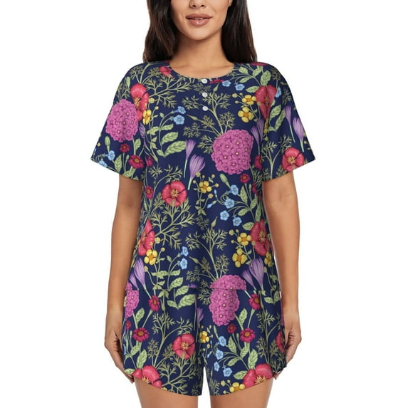 Bingfone Floral Print Pajamas Sets for Women Soft Short-Sleeved Pjs with Lounge Shorts Two Piece Sleepwear