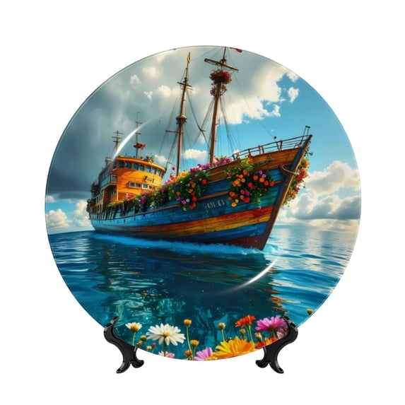 Bingfone Floral Ship On Ocean Print Bone China Dinner Decorative Plates,Handmade Ceramic Dinner Plate with Stand for Home Club-6in