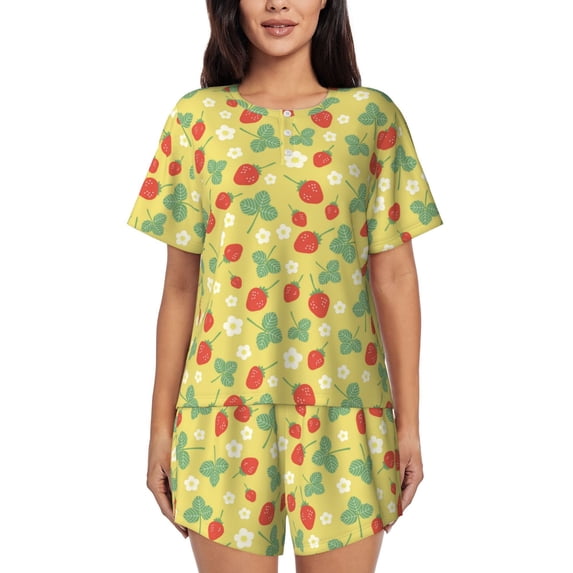 Bingfone Floral Strawberr Print Pajamas Sets for Women Soft Short-Sleeved Pjs with Lounge Shorts Two Piece Sleepwear
