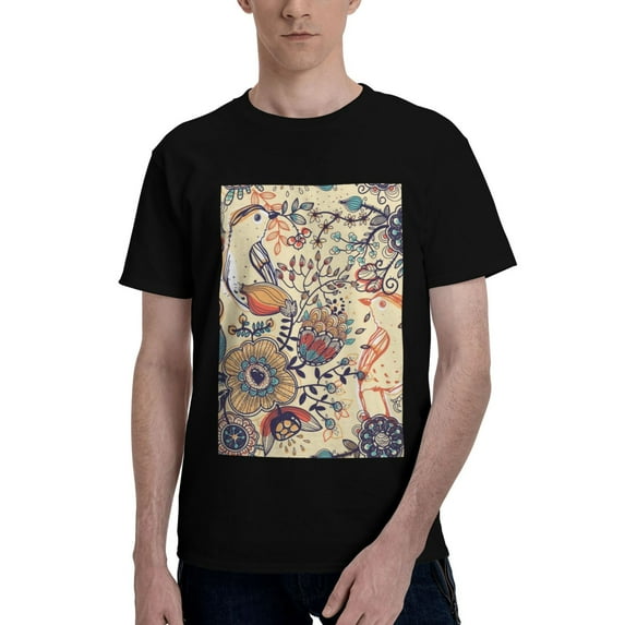 Bingfone Floral With Birds And Fantasy Flowers Men'S Loose Fit Short-Sleeve Pocket T-Shirt