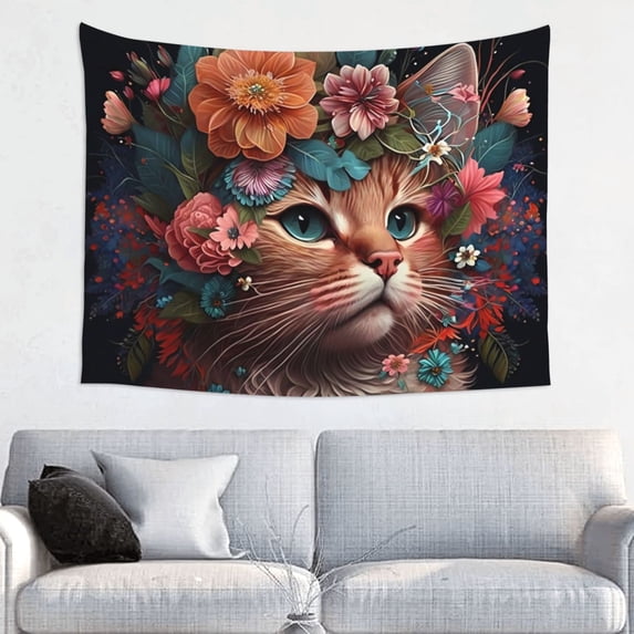 Bingfone Flower Crown Cat Tapestry Wall Hanging Decor for Living Room Bedroom Dorm Classroom Office Decor 29x37 Inch