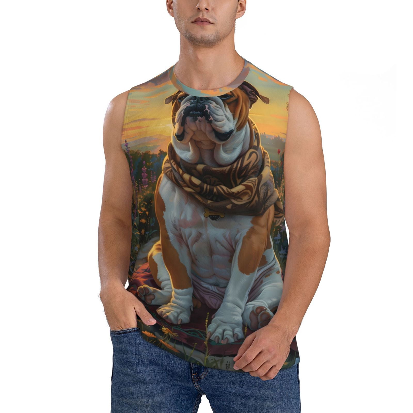 Bingfone Flower Field Cute Bulldog Pattern Men's Tank Tops Workout