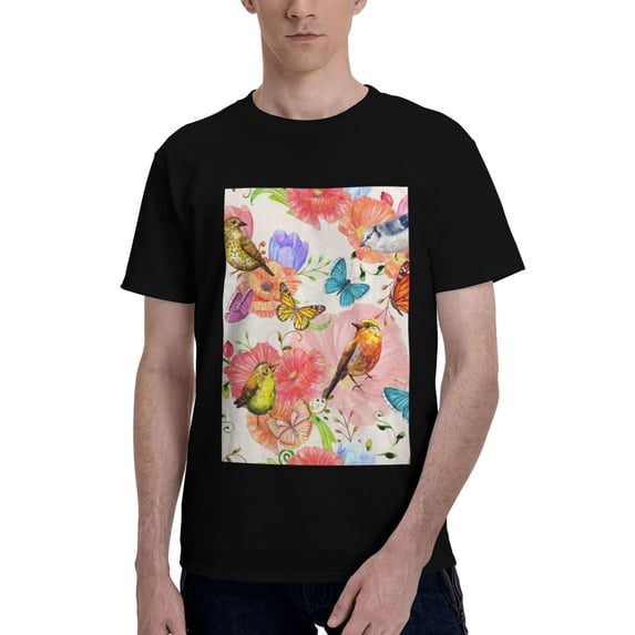 Bingfone Flowers And Birds Watercolor Men'S Loose Fit Short-Sleeve Pocket T-Shirt