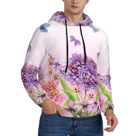 Bingfone Flowers And Colorful Butterflies Men's Drawstring Hoodie Long Sleeve Pocket Sweatshirts-4X-Large
