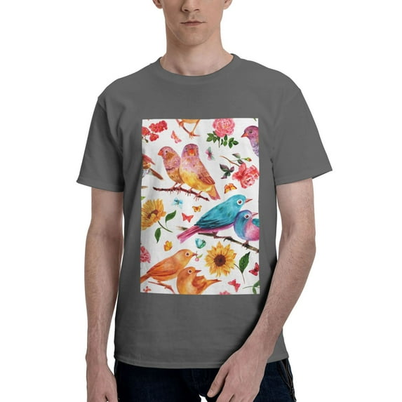 Bingfone Flowers Birds And Butterflies Men'S Loose Fit Short-Sleeve Pocket T-Shirt