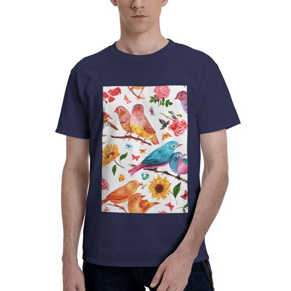 Bingfone Flowers Birds And Butterflies Men'S Loose Fit Short-Sleeve Pocket T-Shirt