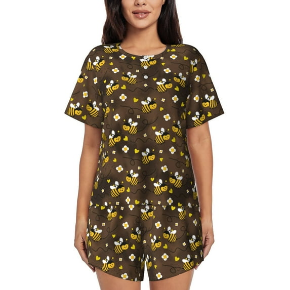 Bingfone Flying Furry Honey Bees Print Pajamas Sets for Women Soft Short-Sleeved Pjs with Lounge Shorts Two Piece Sleepwear
