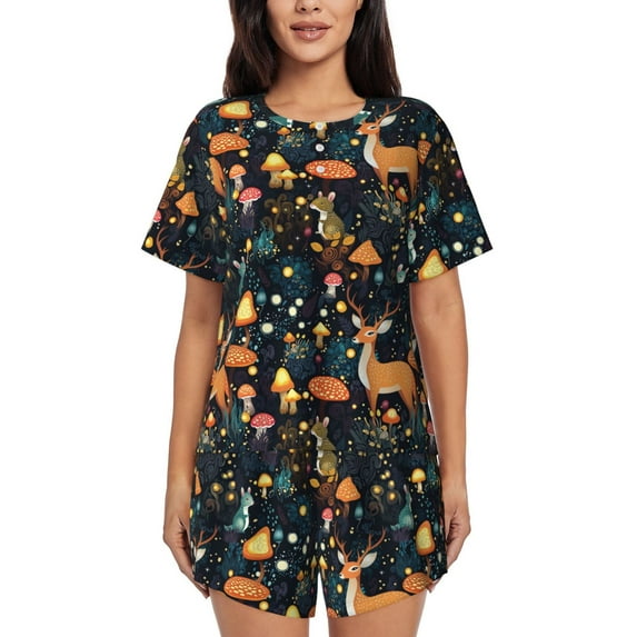 Bingfone Forest Elf Print Pajamas Sets for Women Soft Short-Sleeved Pjs with Lounge Shorts Two Piece Sleepwear