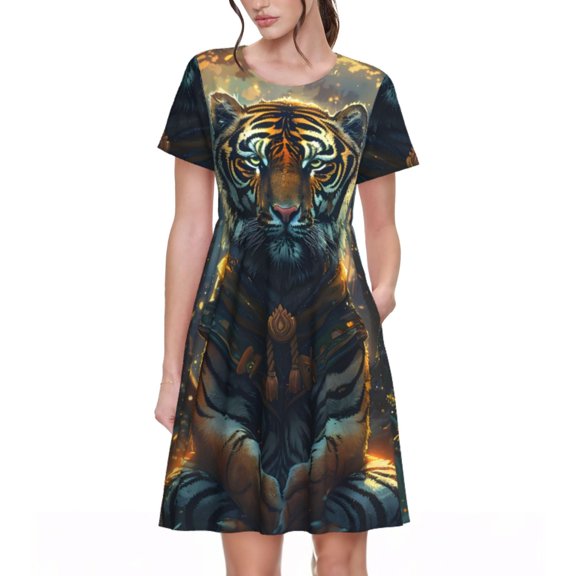 Bingfone Forest Meditating Tiger Print Women’s Short Sleeve Dress, Comfortable Casual Dress, Stylish Summer Dress with Stretchy Fit for Daily Wear