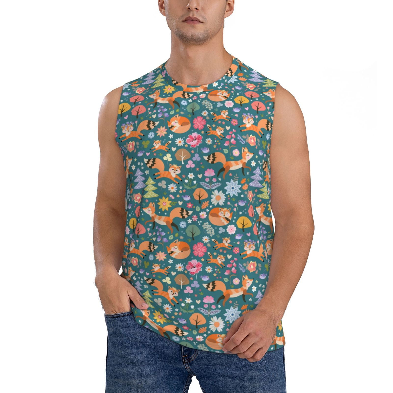 Bingfone Foxes and Birds in Forest Pattern Men's Tank Tops Workout ...