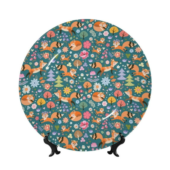 Bingfone Foxes and Birds in Forest Print Bone China Dinner Decorative Plates,Handmade Ceramic Dinner Plate with Stand for Home Club-7in