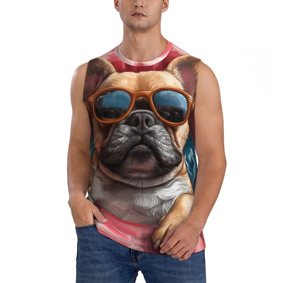 Bingfone French Bulldog In Sunglasses Pattern Men's Tank Tops Workout Sleeveless Tee Shirts Running Beach Tanks for Men-Large