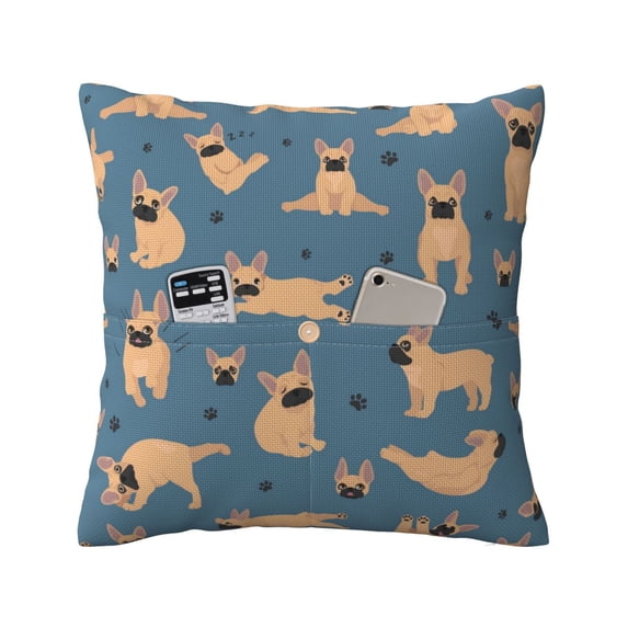 Bingfone French Bulldog Yoga Linen Throw Pillow Covers Cushion Case Pocket Button Vintage Farmhouse Pillowcase for Sofa Couch Bed 18"x18"